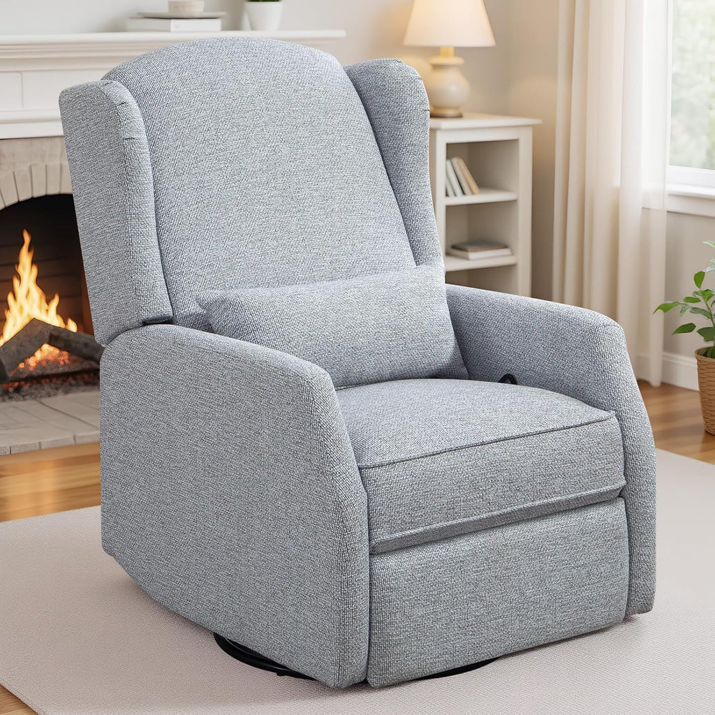Nursery Swivel Glider Recliner Chair with Segmented Footrest, Modern 360° Rocking Manual Motion Sofa with Lumbar Pillow, Detachable Wings & Armrest for Living Room, Bedroom (LightGray)