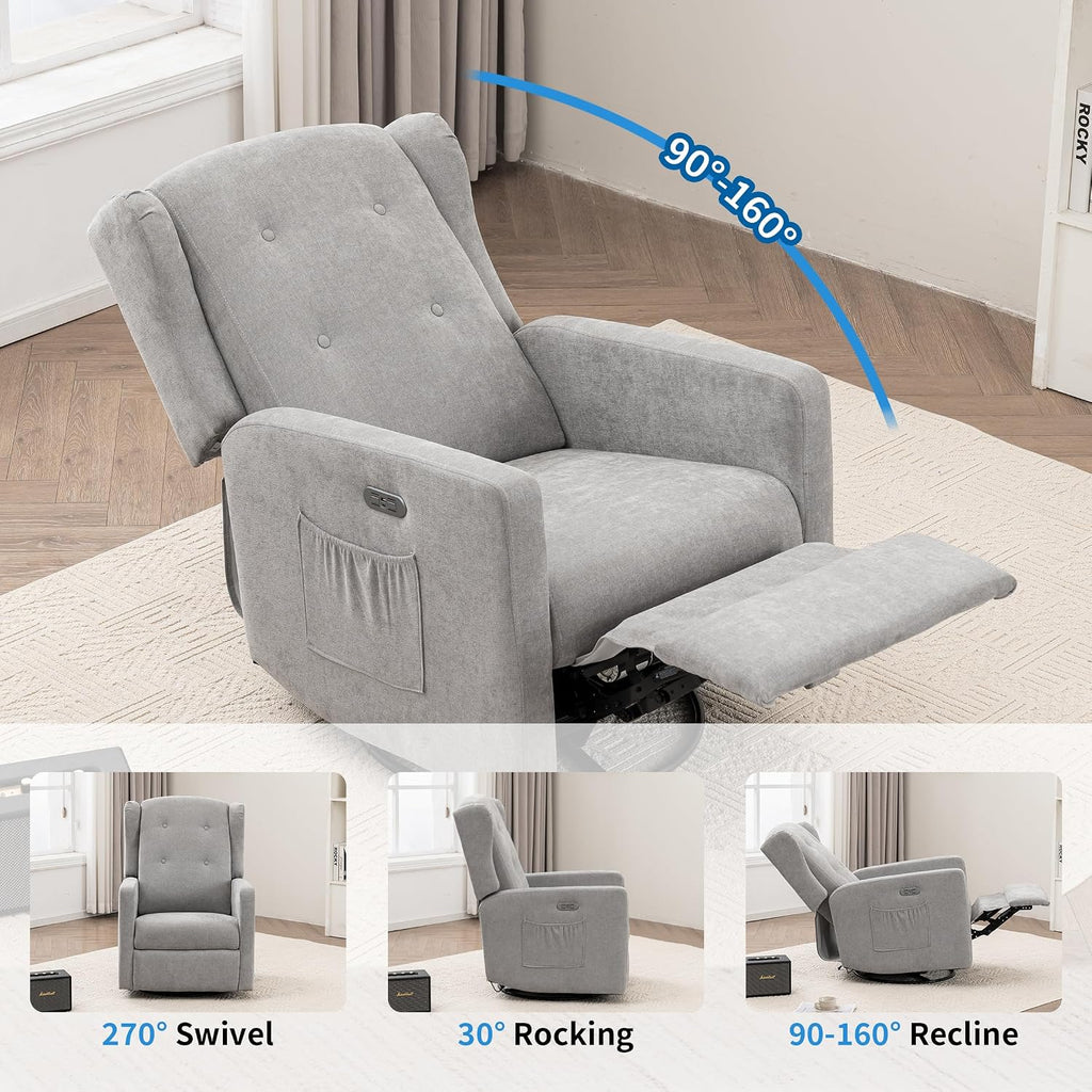 Swivel Rocker Power Recliner Chair for Nursery, 270° Swivel Glider Recliner with USB & Type-C Charging, Electric Reclining Chair with Storage Pockets, Upholstered Recliner for Living Room (Grey)