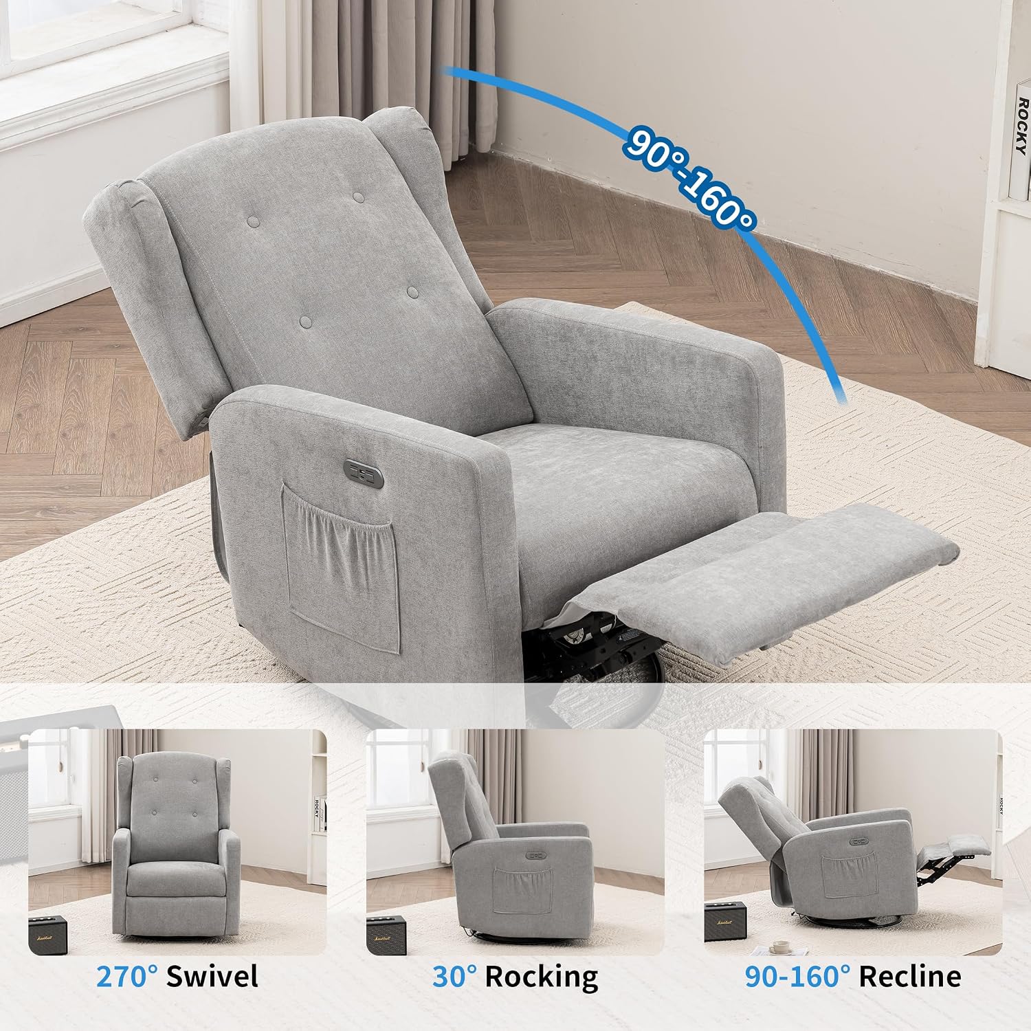 Swivel Rocker Power Recliner Chair for Nursery, 270° Swivel Glider Recliner with USB & Type-C Charging, Electric Reclining Chair with Storage Pockets, Upholstered Recliner for Living Room (Grey)