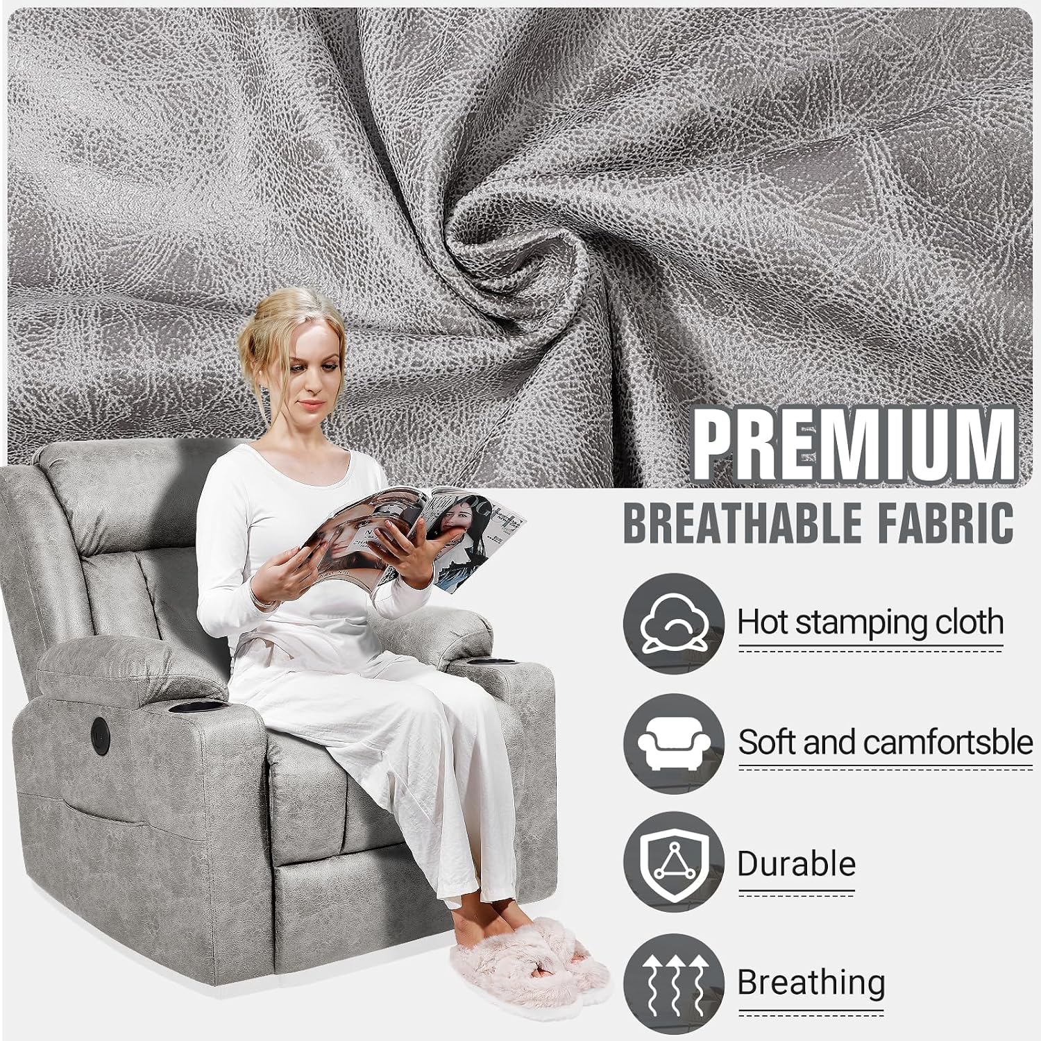 LAFWELL Retro Rocking Recliner Chair, Massage Rocker Recliner Chair with Vibration Massage and Heat, USB and Type-C Ports,360° Swivel Chairs, Living Room, Bedroom, Nursery, RV, Light Grey