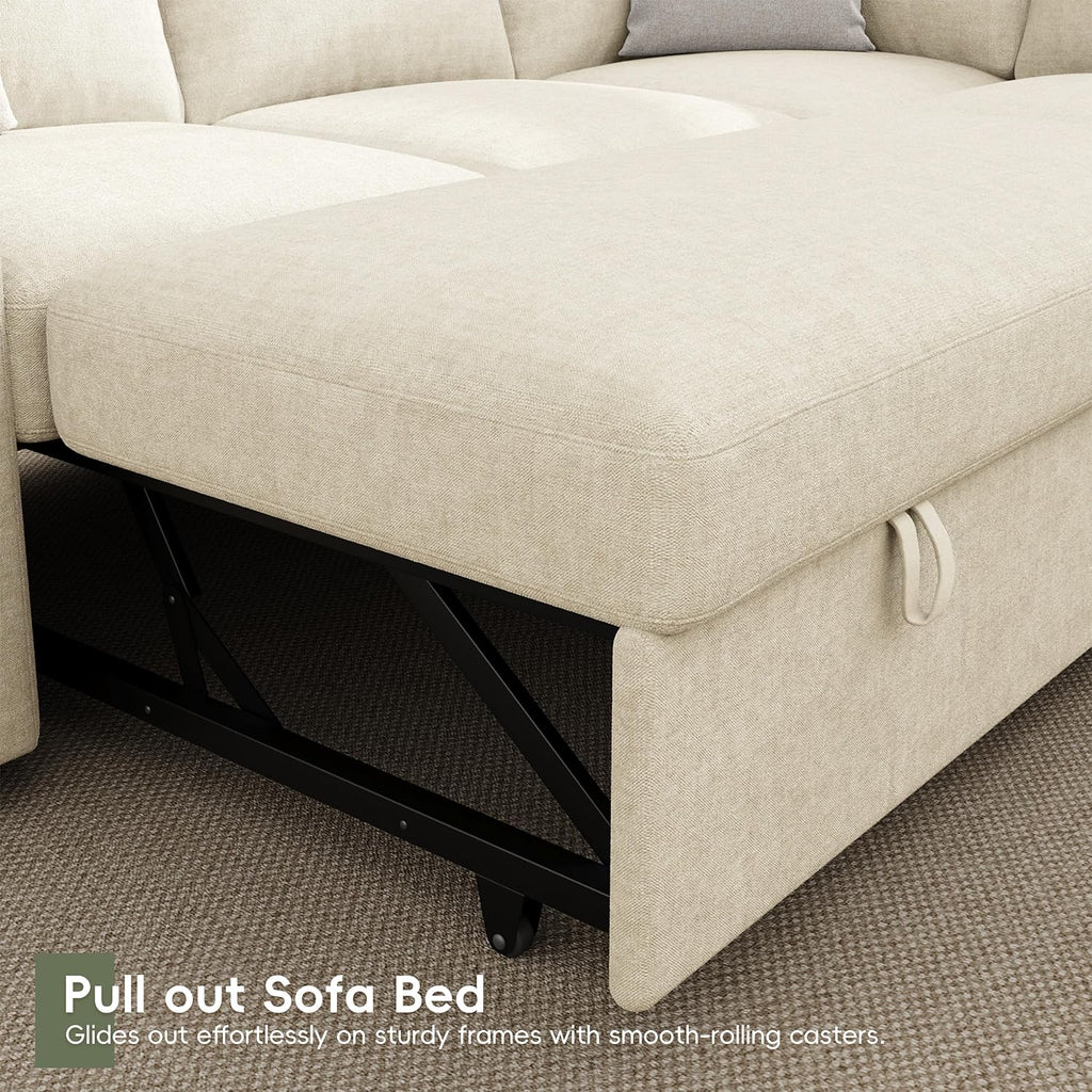 86' Sectional Sleeper Sofa Bed, Sleeper Couch with Pull out Bed, L Shaped Couch with Storage, Modular Sectional Sofa， Sectional Couches for Living Room&Apartment, Convertible Sofas, Beige Couches
