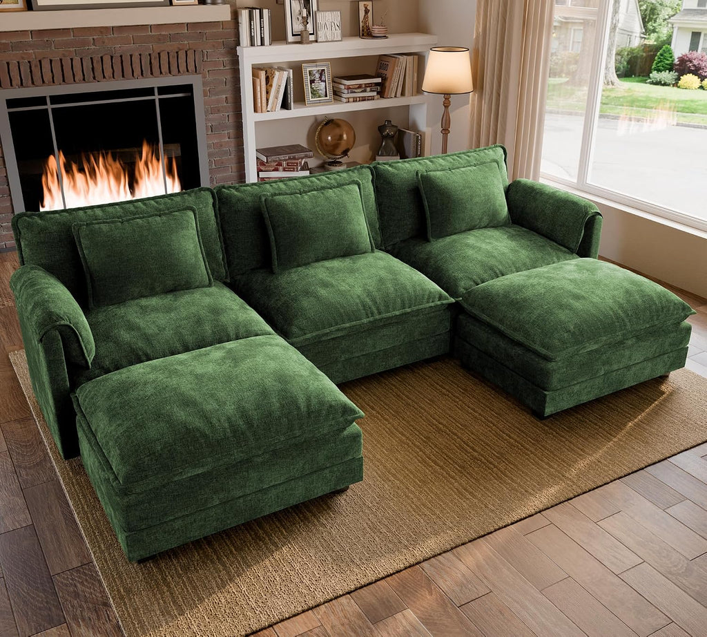 ELUCHANG 116' U Shaped Modular Sectional Cloud Couch with Pillow, Deep Seat Sofa Couches for Living Room, 5-Seat Modern Sofa with Movable Ottoman, Chenille Green