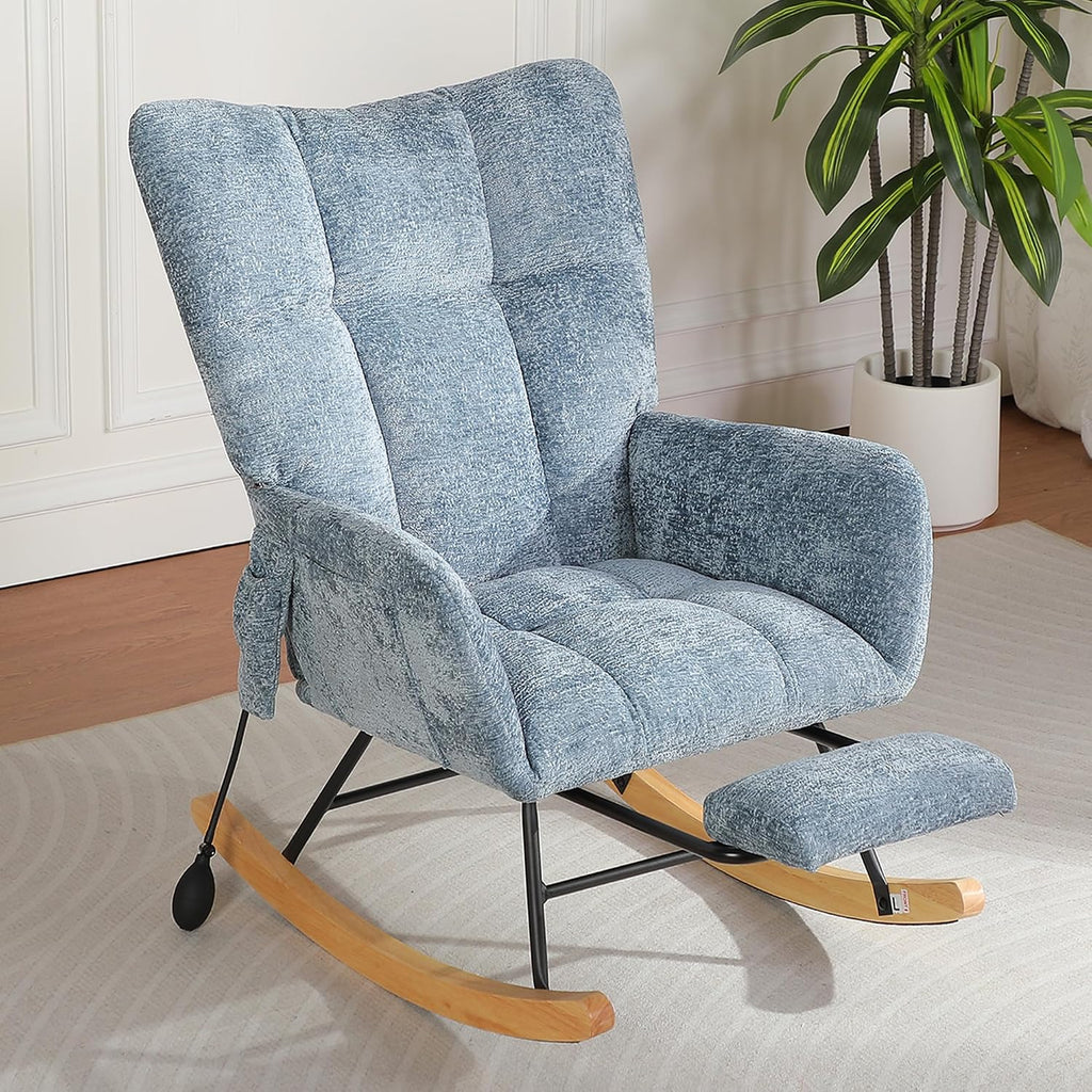 Rocking Chair Nursery with Airbag, Comfy Modern Nursery Rocking Reading Chair Indoor with Footrest, Cozy Upholstered Glider Rocker Chairs for Living Room Bedroom Offices, (Chenille, Blue)