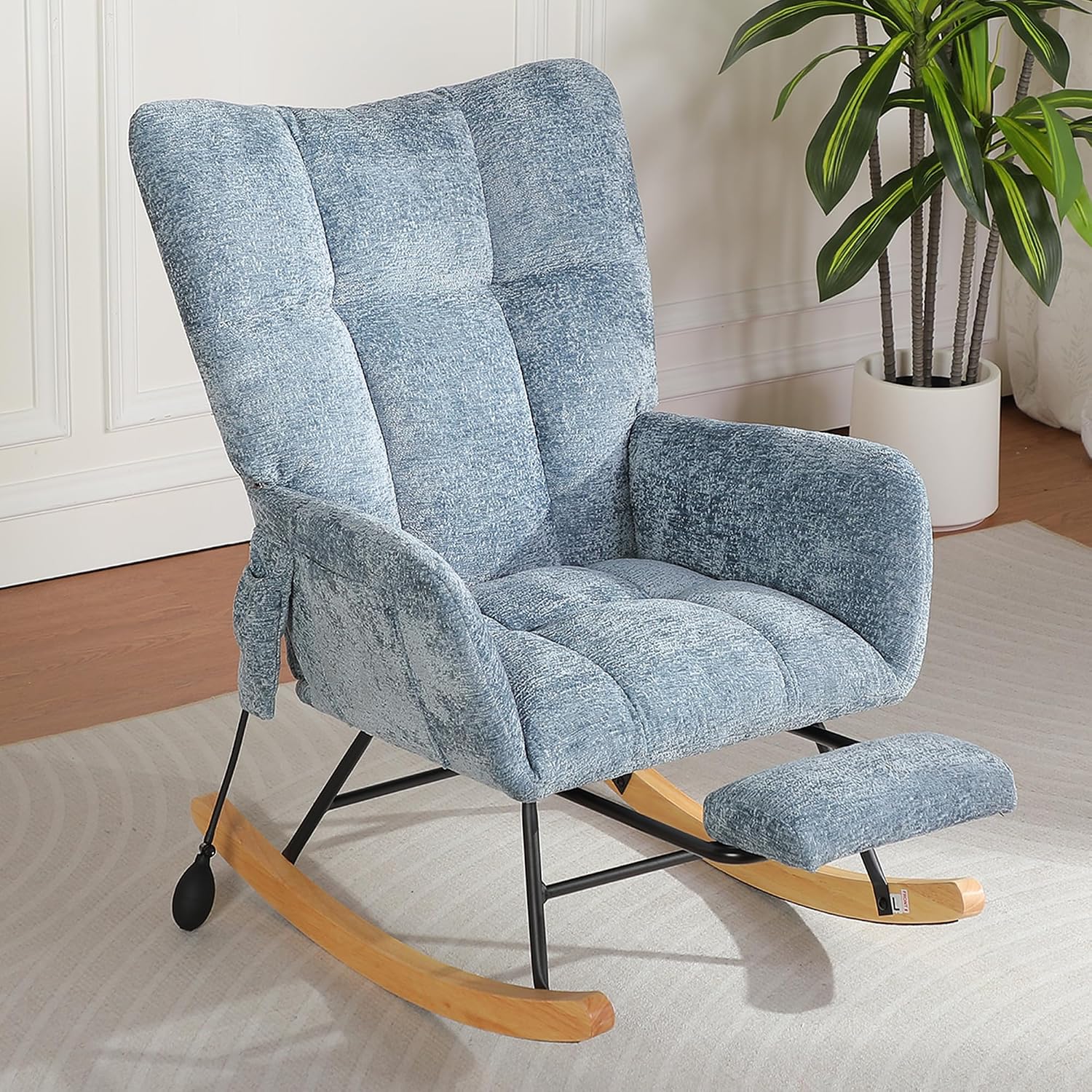 Rocking Chair Nursery with Airbag, Comfy Modern Nursery Rocking Reading Chair Indoor with Footrest, Cozy Upholstered Glider Rocker Chairs for Living Room Bedroom Offices, (Chenille, Blue)