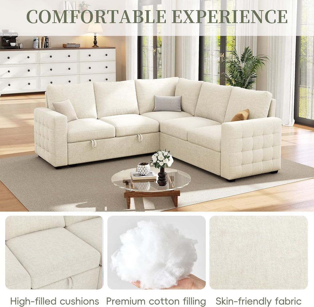86' Sectional Sleeper Sofa Bed, Sleeper Couch with Pull out Bed, L Shaped Couch with Storage, Modular Sectional Sofa， Sectional Couches for Living Room&Apartment, Convertible Sofas, Beige Couches