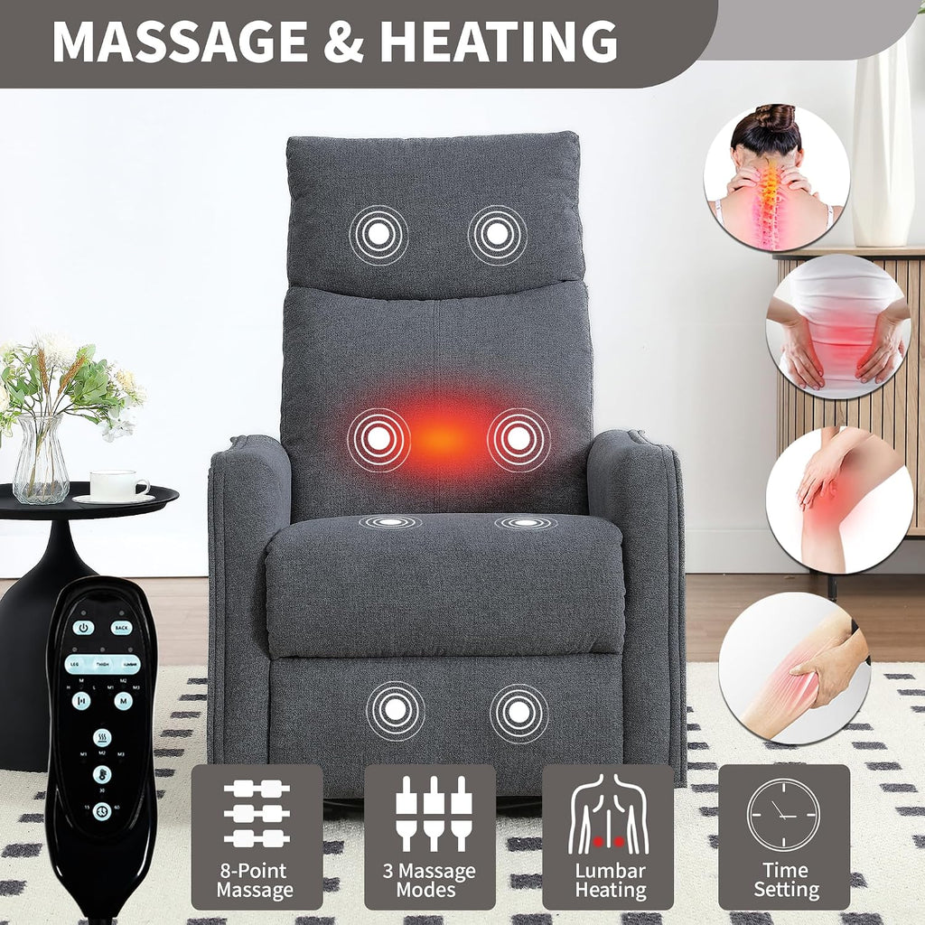 PELUMY 360 Swivel Rocking Recliner Chair for Adults, Nursery Rocking Chair with Heat and Massage, Glider Reclining Chair for Small Space, Living Room, Bedroom (Dark Grey)