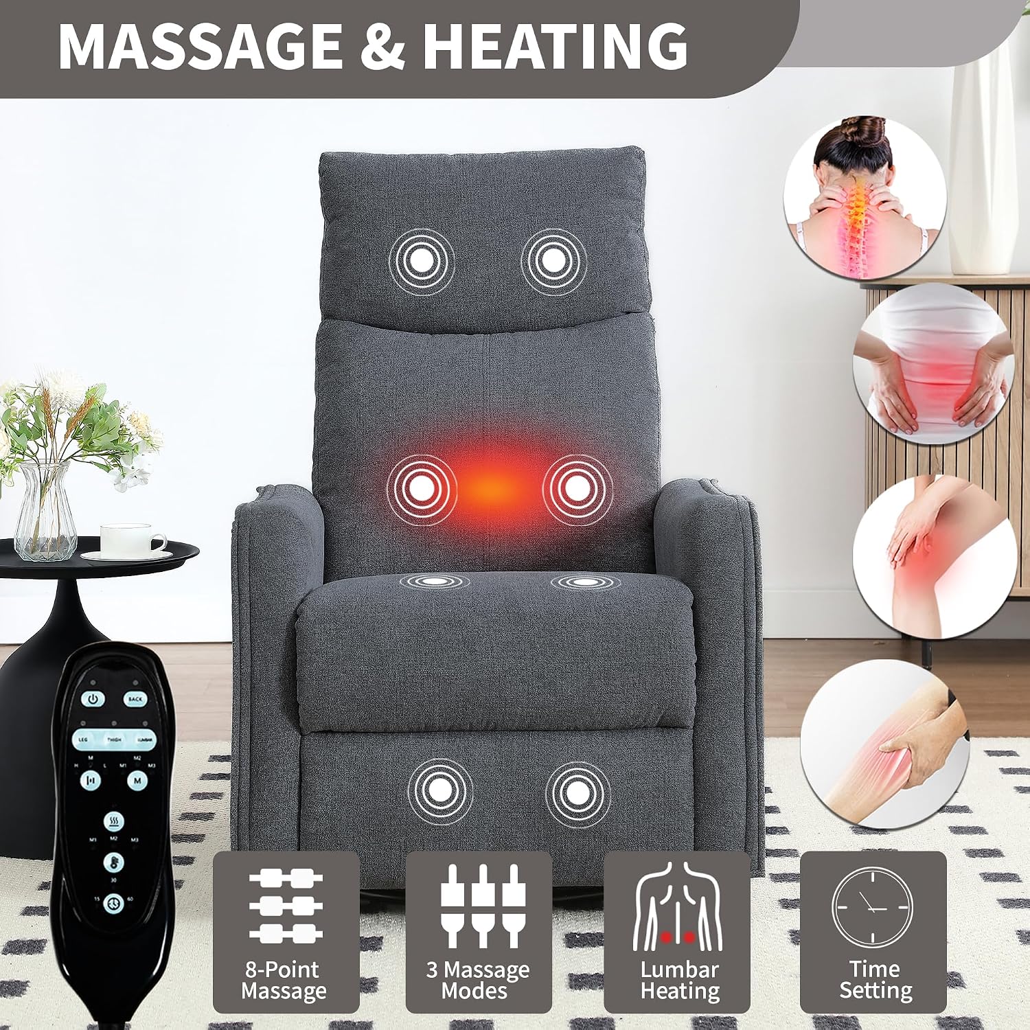 PELUMY 360 Swivel Rocking Recliner Chair for Adults, Nursery Rocking Chair with Heat and Massage, Glider Reclining Chair for Small Space, Living Room, Bedroom (Dark Grey)