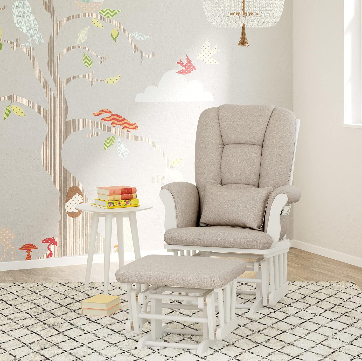 Storkcraft Tuscany Custom Glider and Ottoman with Free Lumbar Pillow (White/Taupe Swirl) - Cleanable Upholstered Comfort Rocking Nursery Chair with Ottoman