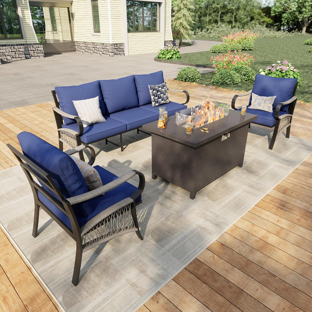 4 Pieces Modern Patio Furniture Set, All Weather Metal Outdoor Conversation Sets with Fire Pit Table for Backyard Garden Deck Porch Poolside, Blue
