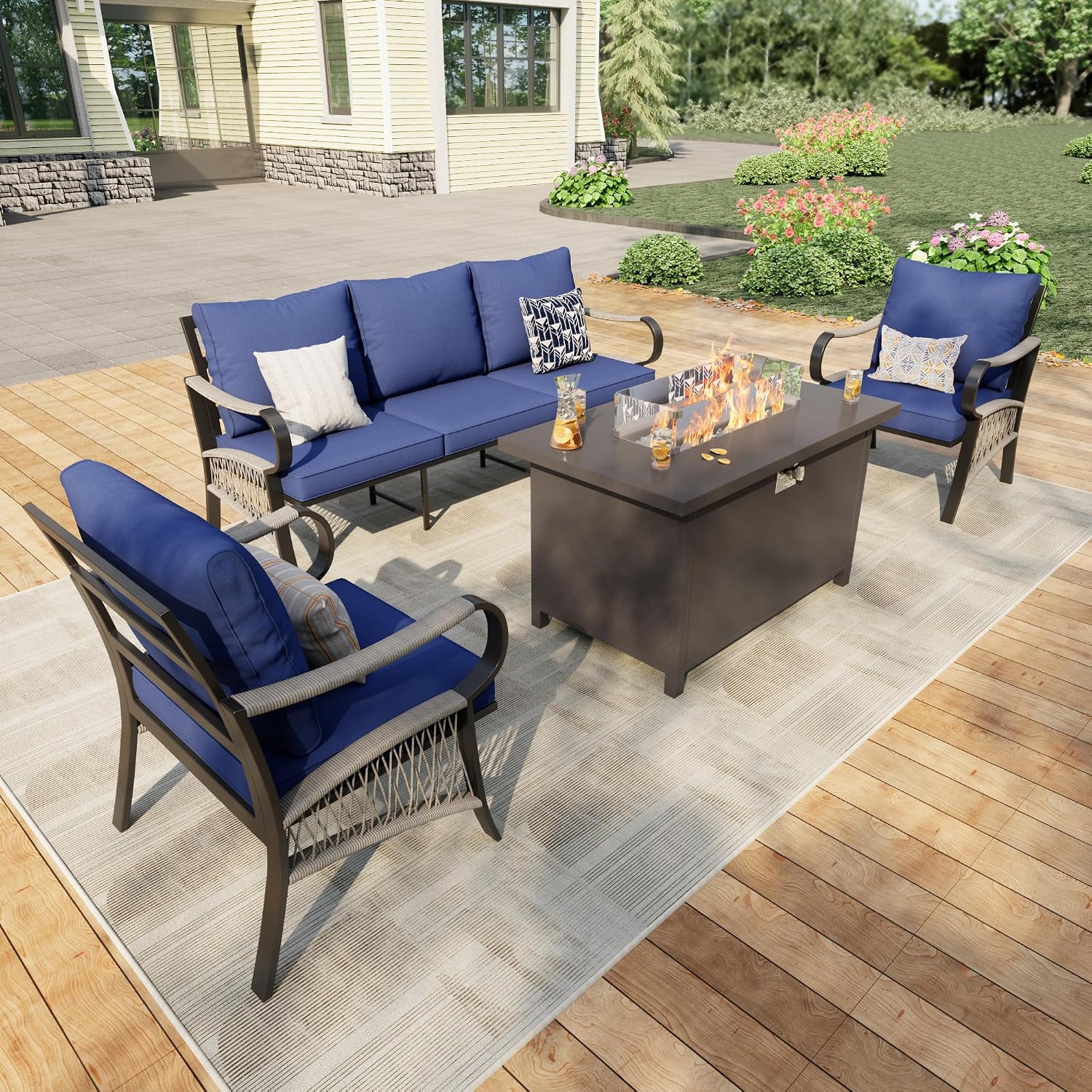 4 Pieces Modern Patio Furniture Set, All Weather Metal Outdoor Conversation Sets with Fire Pit Table for Backyard Garden Deck Porch Poolside, Blue