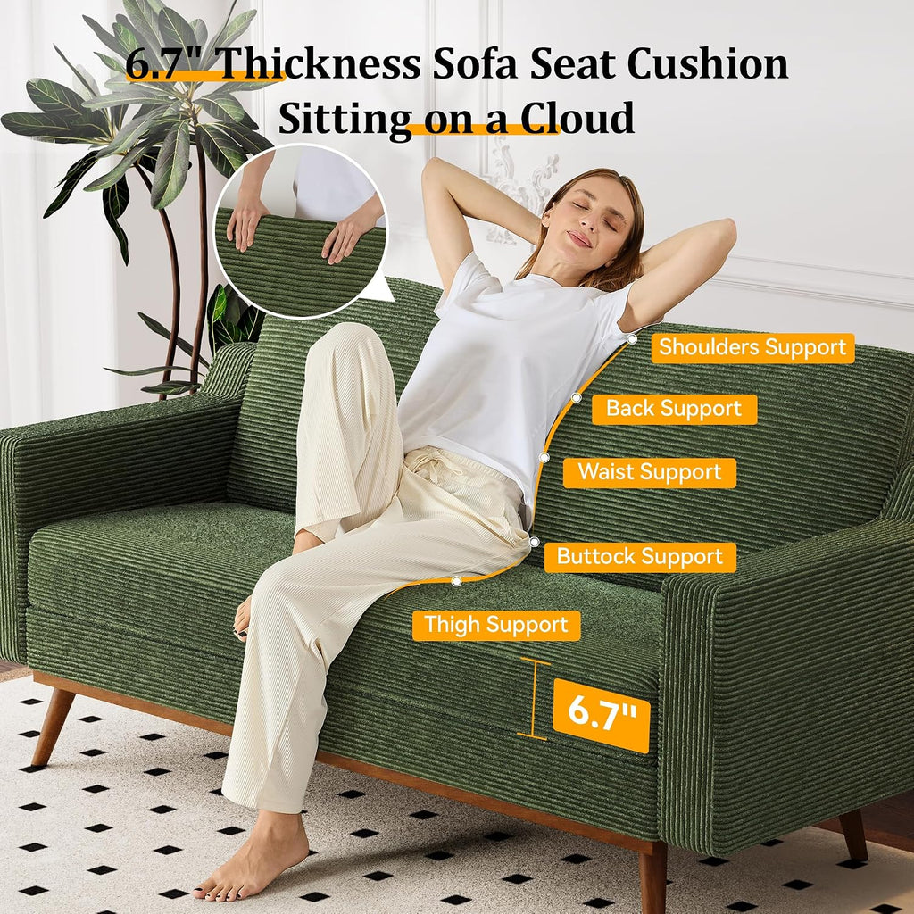 Vipbear 65.4' Loveseat Sofa Green Corduroy Couch, Mid-Century Modern Small Couches for Living Room, Bedroom, Office, Comfy Sofa with Spring Cushion, Solid Wood Frame, Tool-Free Assembly