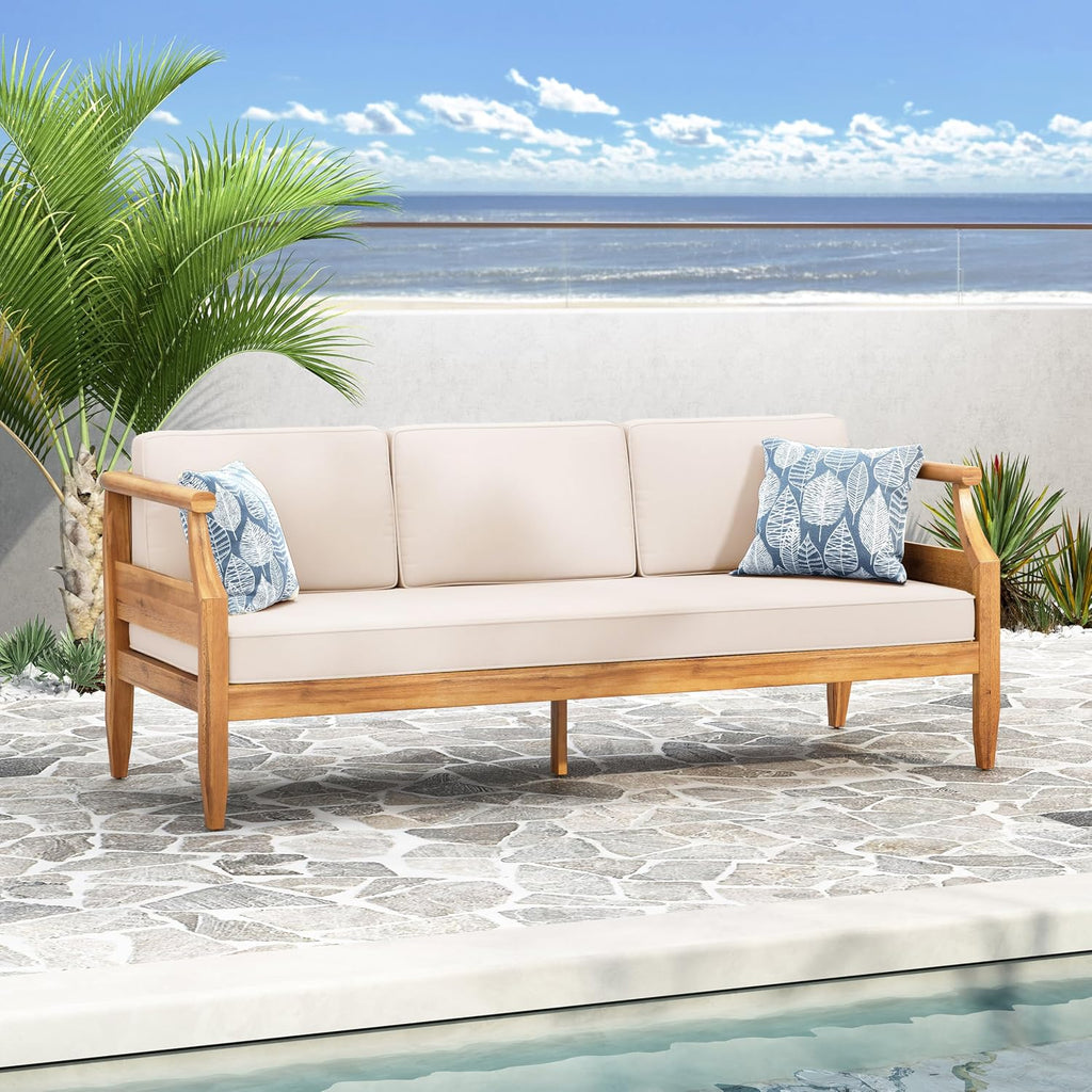 Christopher Knight Home Aston Outdoor 3 Seater Sofa, Upholstered Cushion Couch, Acacia Wood Bench Sofa, Slat Armchair, 73.25' W Spacious Seating Bench Couch for Gardern Porch Balcony, Teak+Beige