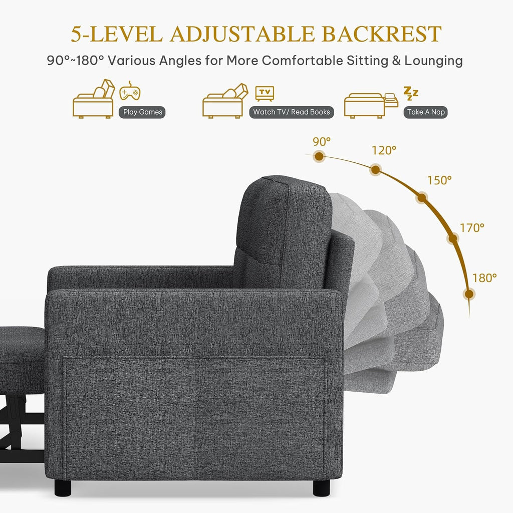 YITAHOME 55' Convertible Sofa Bed, 3-in-1 Sleeper Sofa with Iron Frame Pull-Out Bed, Linen Futon Couch with Reclining Backrest and Side Pocket, Modern Loveseat for Living Room Bedroom Apartment, Grey