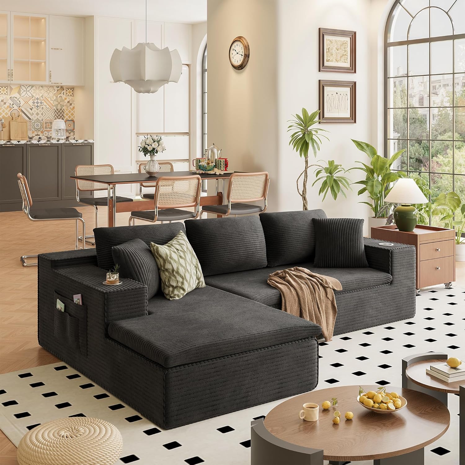 Homall 109' Boneless Couch with Memory Foam, Modular Sectional Sofa with L-Shape Chaise, Cloud Couch with Deep Seat, Dual Cup Holders & Side Pockets, No Assembly Required (Black)