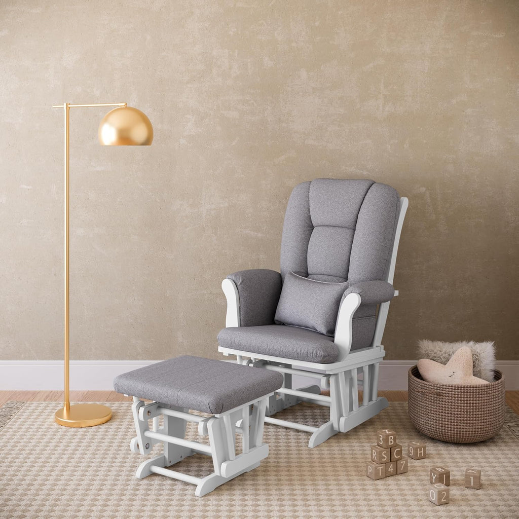 Storkcraft Tuscany Custom Glider and Ottoman with Free Lumbar Pillow (White/Slate Gray Swirl) - Cleanable Upholstered Comfort Rocking Nursery Chair with Ottoman