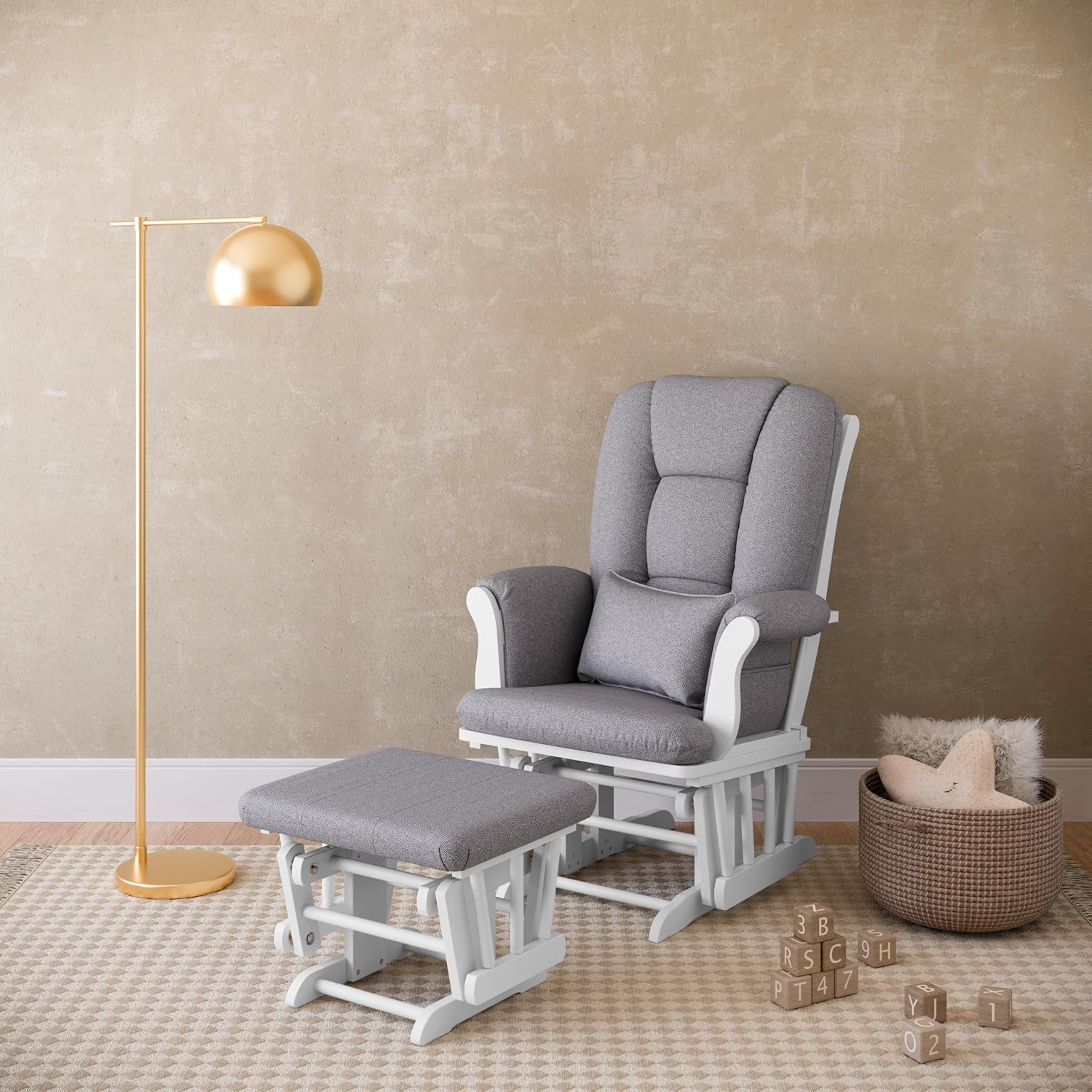 Storkcraft Tuscany Custom Glider and Ottoman with Free Lumbar Pillow (White/Slate Gray Swirl) - Cleanable Upholstered Comfort Rocking Nursery Chair with Ottoman