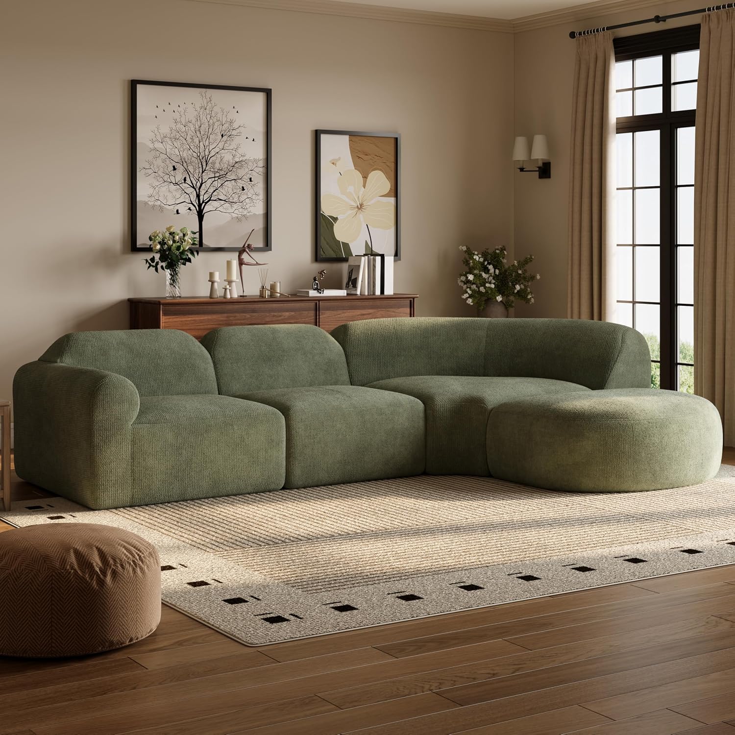 Merax Modern Curved Sectional Sofa with Ottoman, Couch 4-Piece Set High-Density Compressed Sponge, Fully Assembled, Right Hand Facing, Plush Deep Seat for Living Room, Lounge, Apartment, Green