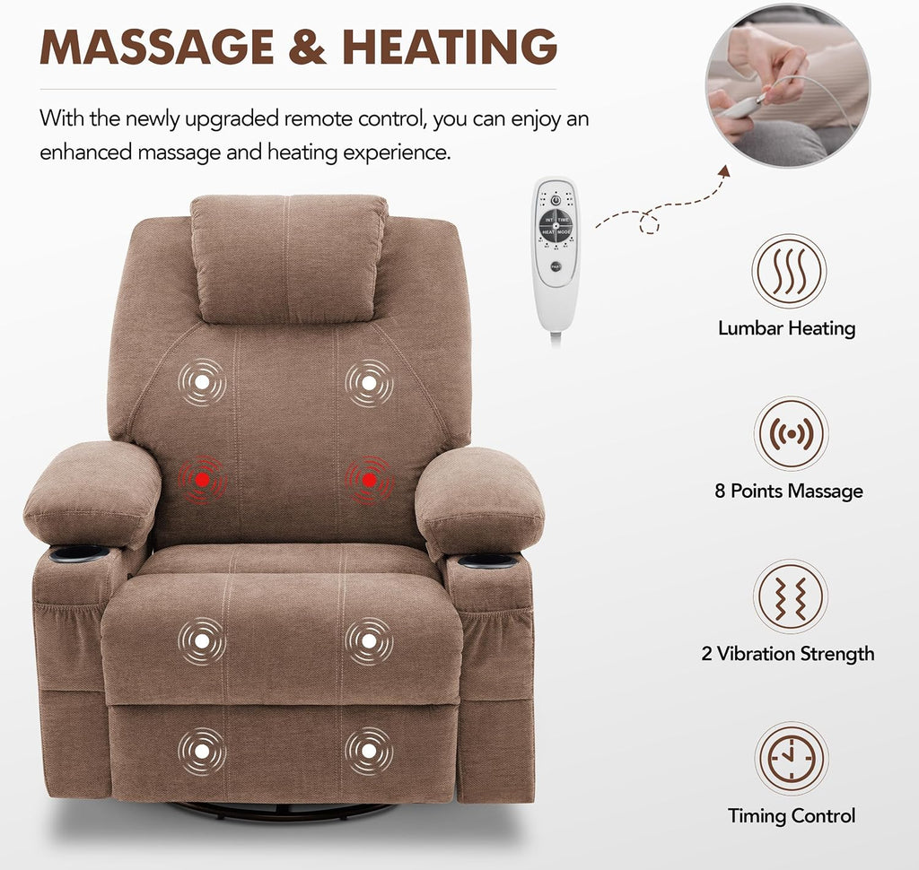 Weture Swivel Rocker Recliner Chair with Heat and Massage, 360 Degree Swivel Rocking Single Sofa with Cup Holders and USB Port, Big Oversized Recliner Chair for Living Room (Fabric, Brown)