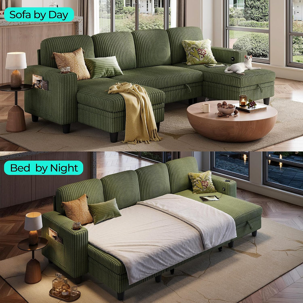 LINSY HOME Sectional Sleeper Sofa Pull Out Couches for Living Room (Green, Sleeper Sofa 3) | Pull Out Sofa Bed, Storage, USB Charging, Cup Holders, Plush Corduroy | Pull Out Sofa Bed, Storage, USB Charging, Cup Holders, Plush Corduroy
