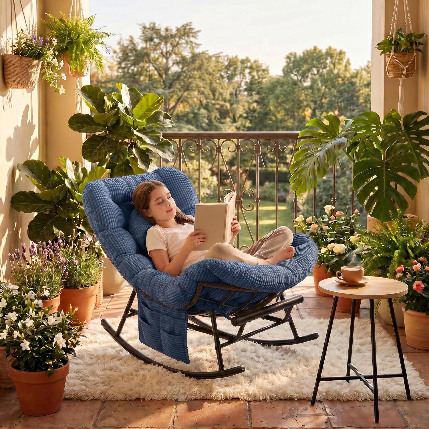 Rocking Chair Indoor & Outdoor, Oversized Patio Papasan Recliner Chair with Footstool Pillow & Side Pocket for Bedroom, Living Room, Garden, Balcony, Lawn (Blue)