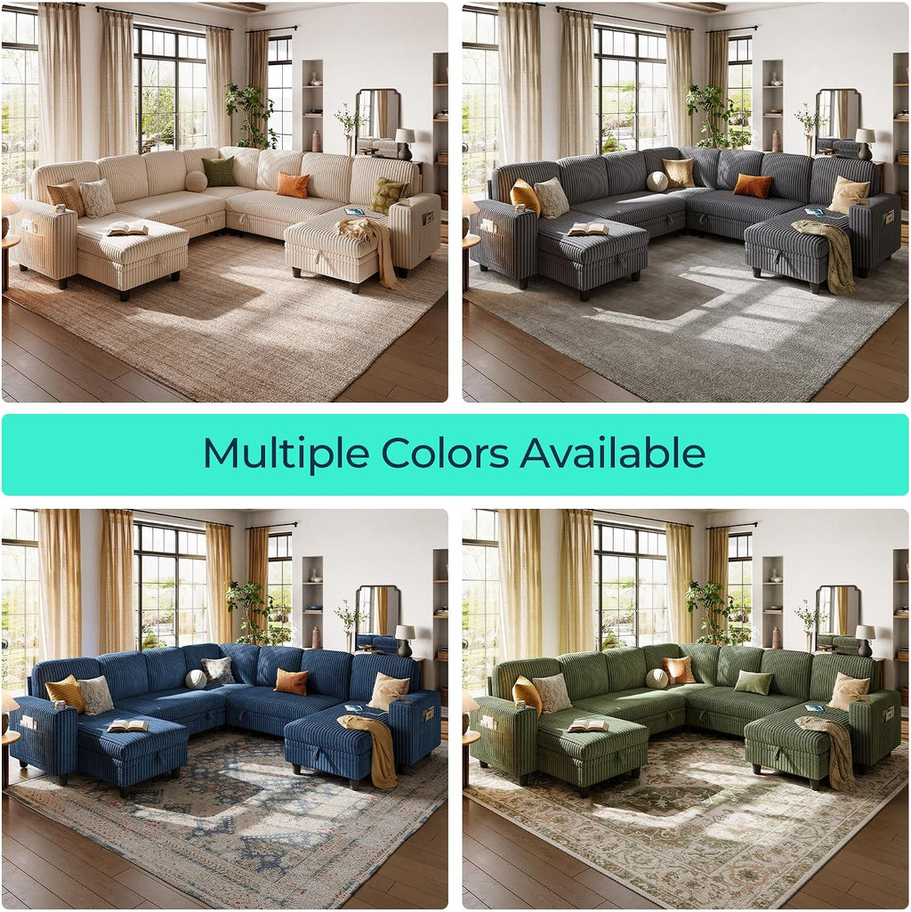 LINSY HOME Sectional Sofa with Pull Out Bed, 7 Seats Corduroy Reversible Sleeper Sofa with Storage Seats & Chaises, USB Ports, Cup Holders, Side Pocket, Sectional Couches for Living Room, Green | Plush Corduroy, Storage space, Sturdy structure