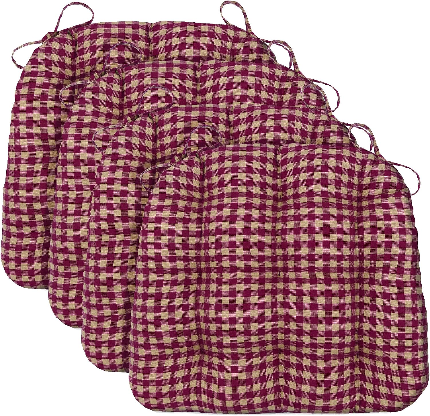Barnett Home Decor Chair Cushions for Dining Chairs - 15x17 Kitchen Chair Cushions - Machine Washable, 100% Cotton, Made in USA - Latex Foam Chair Pads - Farmhouse Check Dark Red and Tan Pack of 4 a