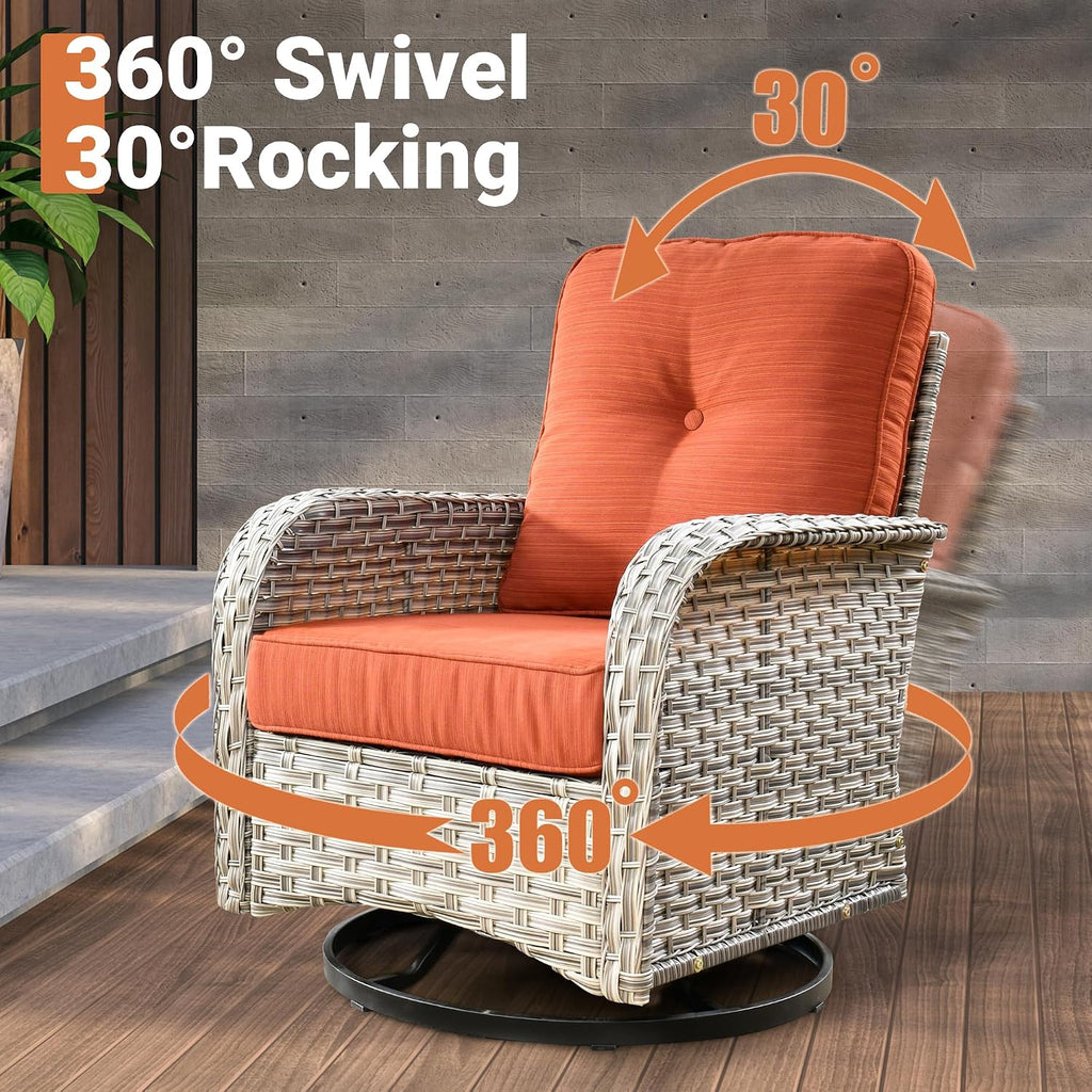 ovios Outdoor Swivel Rocking Chair Set of 3 with Coffee Table, Patio Wicker Rocker with Comfortable Thicken Deep Seating, Comfy Rattan Glider Chairs for Porch Deck Balcony Garden Backyard, Orange