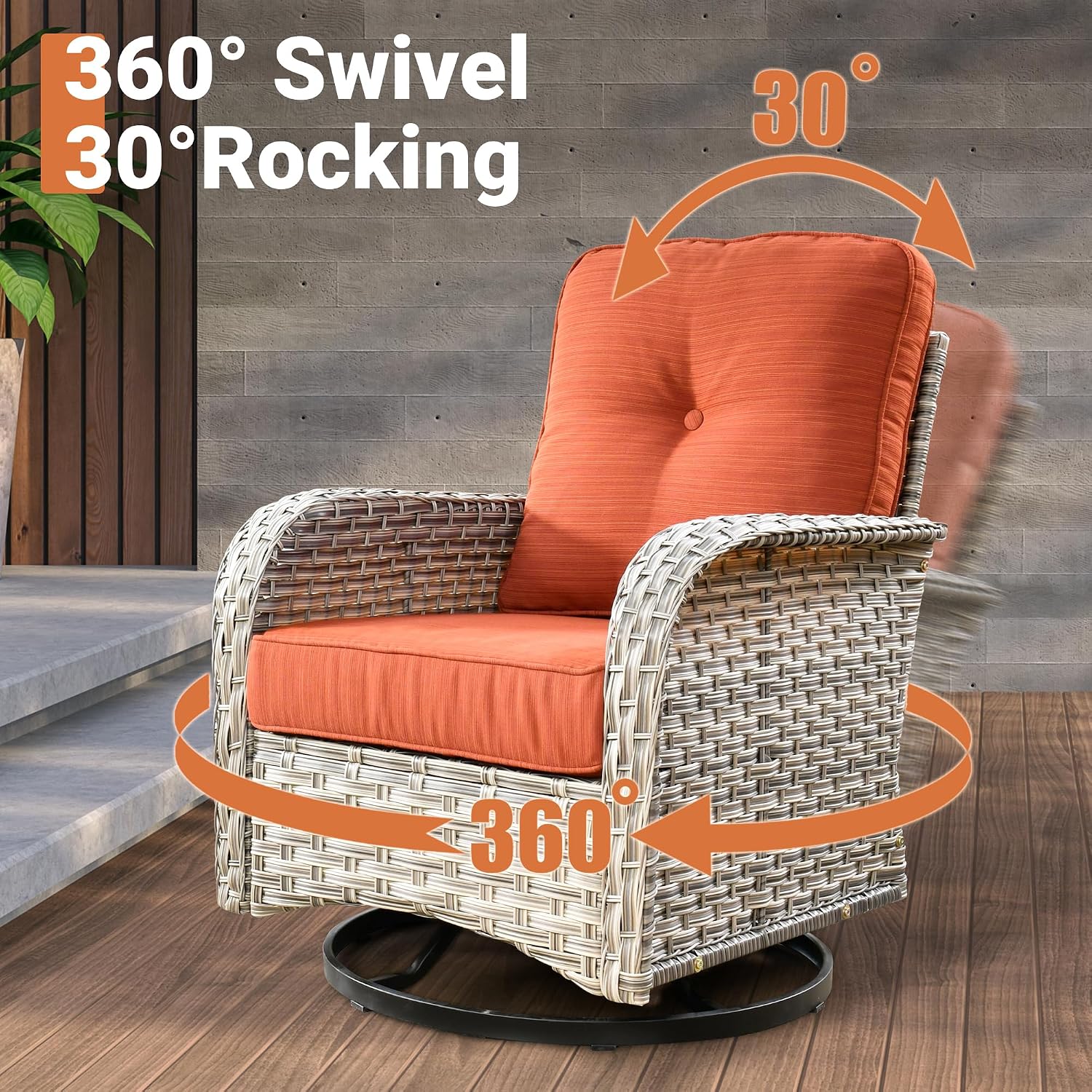 ovios Outdoor Swivel Rocking Chair Set of 3 with Coffee Table, Patio Wicker Rocker with Comfortable Thicken Deep Seating, Comfy Rattan Glider Chairs for Porch Deck Balcony Garden Backyard, Orange