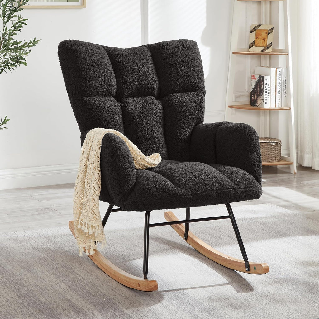 Glider Chair for Living Room & Nursery, Tufted Upholstered Teddy Rocking Chair with High Backrest & Stable Metal Frame, 300lbs Capacity, Comfy Rocker Glider for Adults & Kids, Office & Bedroom(Gray)