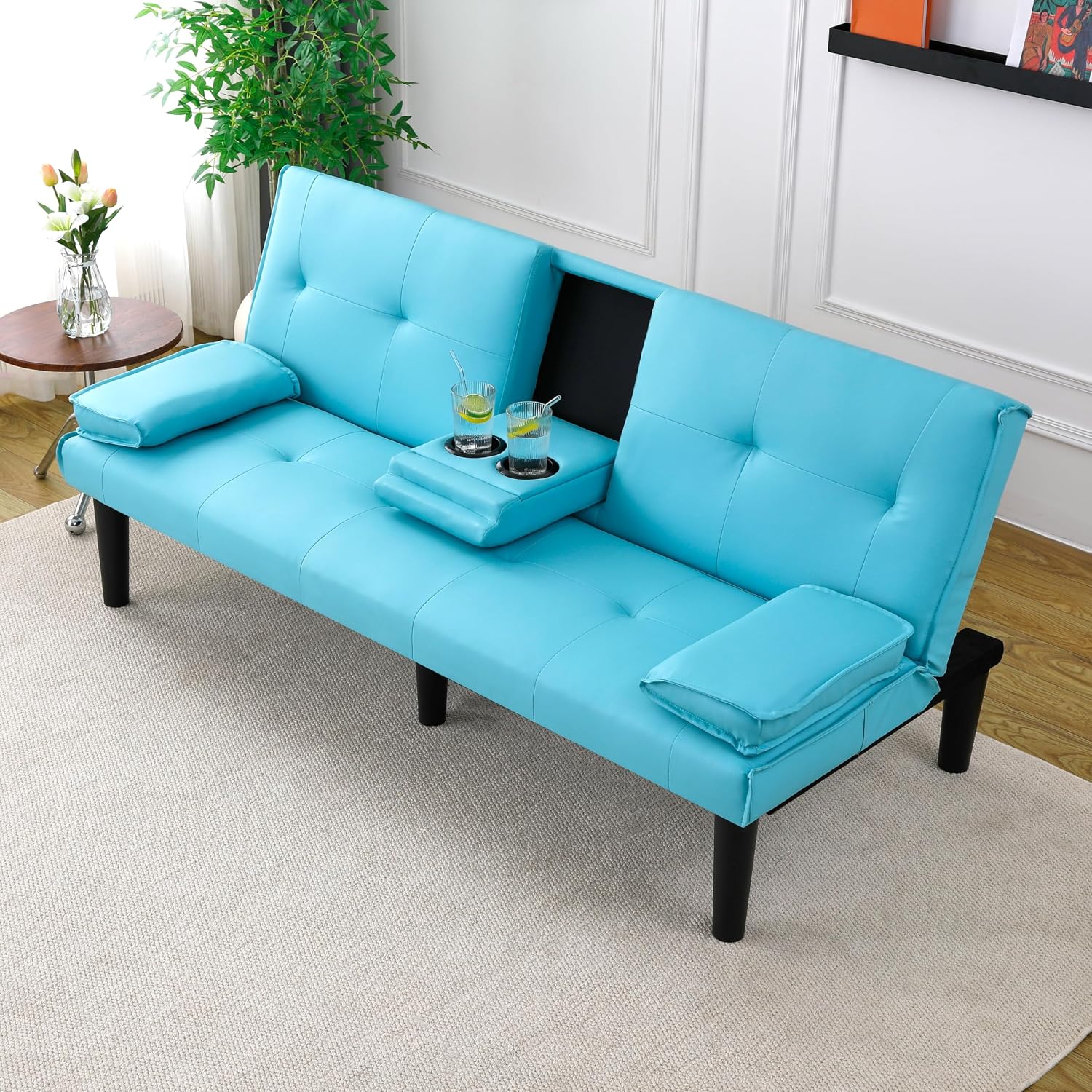 KEIKI 3 in 1 Convertible Sleeper Sofa Bed with Cup Holder, Futon Sofa Bed for Living Room, Dorm or Home Office, Blue