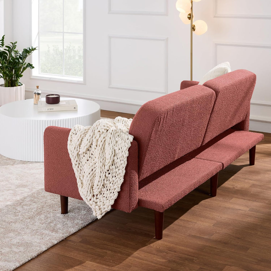 Best Choice Products 77' Mid Century Modern Boucle Loveseat Sofa, Couch, Convertible Sofa Sleeper Bed w/Real Wood, Removable Armrest - Mauve