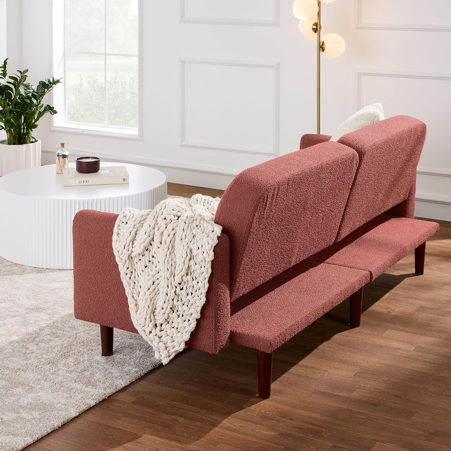 Best Choice Products 77' Mid Century Modern Boucle Loveseat Sofa, Couch, Convertible Sofa Sleeper Bed w/Real Wood, Removable Armrest - Mauve
