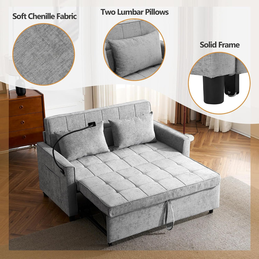 Merax 3 in 1 Convertible Sleeper Sofa Bed, Futon Couches for Living Room with USB Ports | Phone Holder| Reversible Backrest | Pull Out Couch |Small Loveseat,Grey