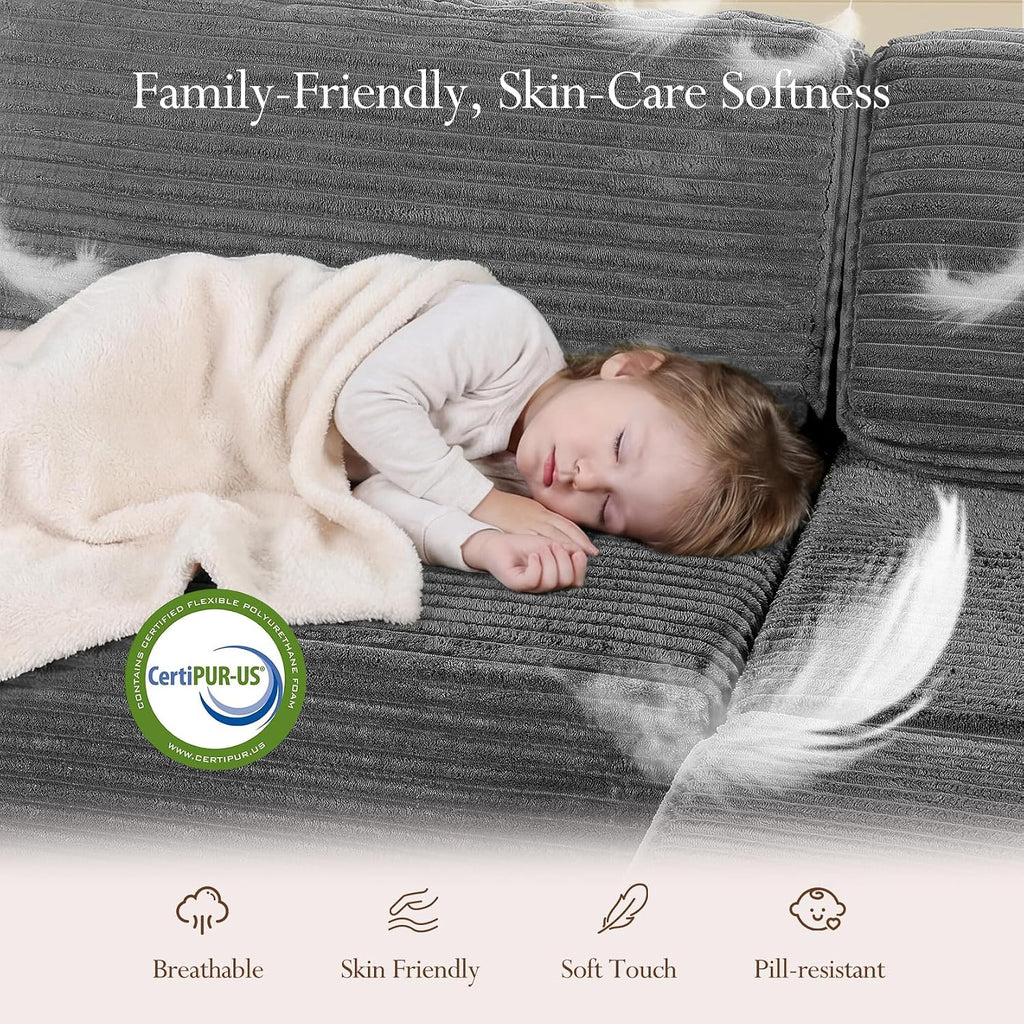 Vesgantti 159' Modular Sectional Sofa, Corduroy Cloud Couch with Extra Deep Seats & Spring Support, Flexible Layout 4-Seater Boneless Couch, No Assembly Required, Grey