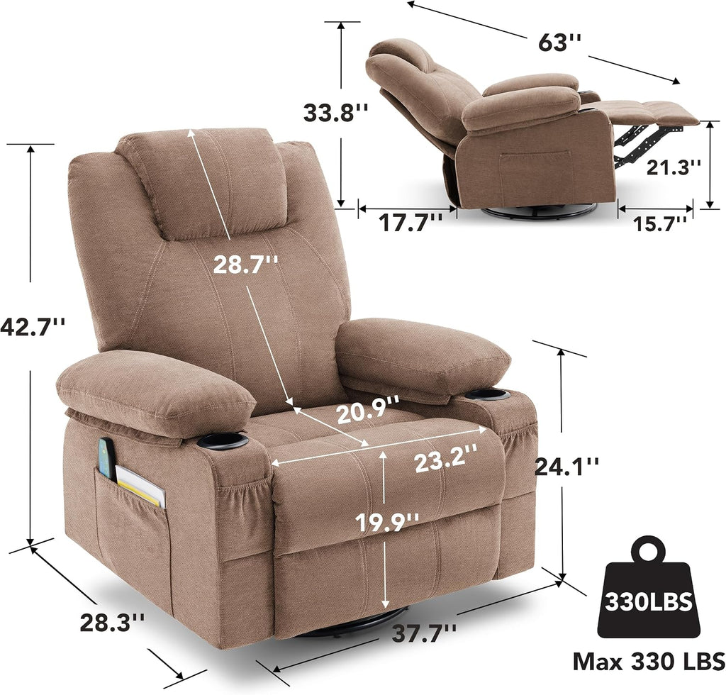 Weture Swivel Rocker Recliner Chair with Heat and Massage, 360 Degree Swivel Rocking Single Sofa with Cup Holders and USB Port, Big Oversized Recliner Chair for Living Room (Fabric, Brown)