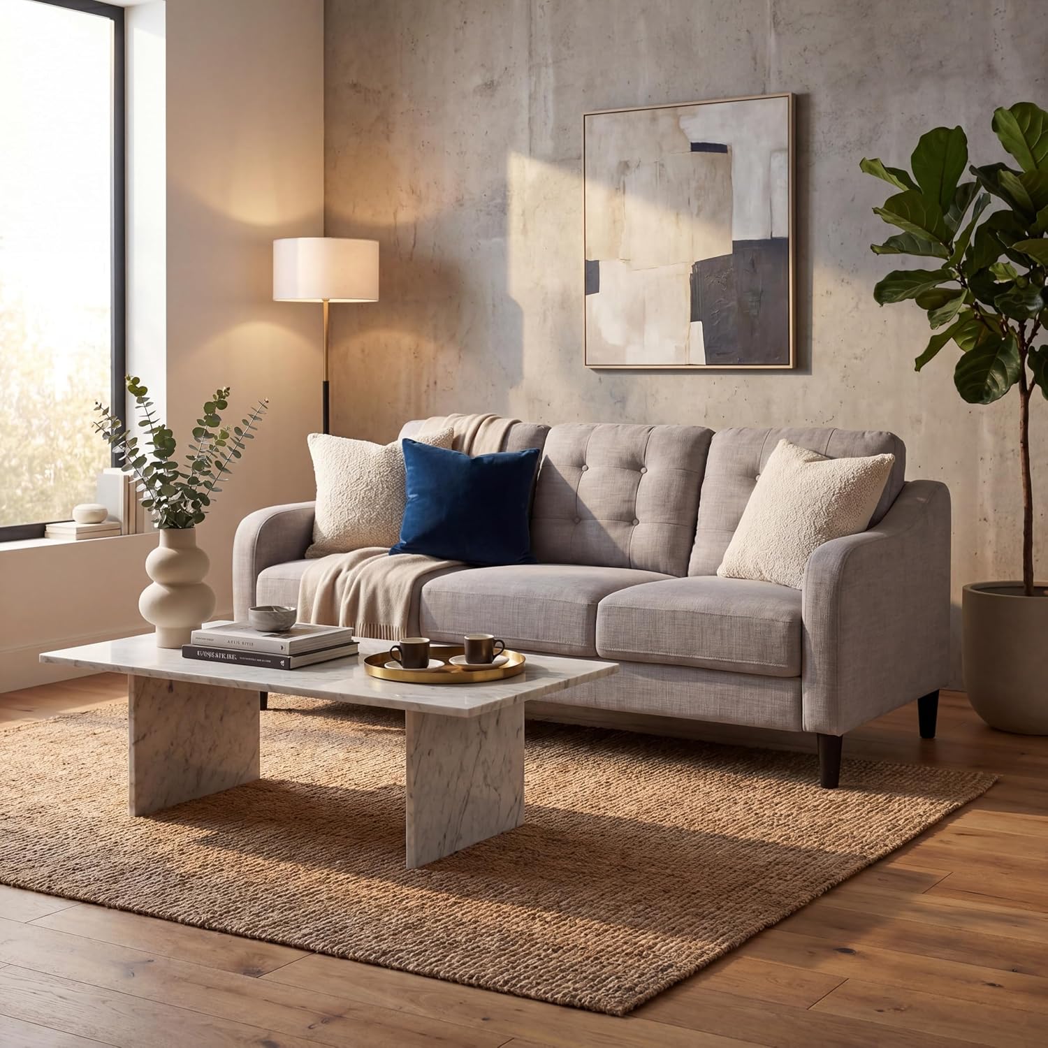 SAFAVIEH Couture Furniture Collection Nathaniel Light Grey Tufted 3-Seater Sofa