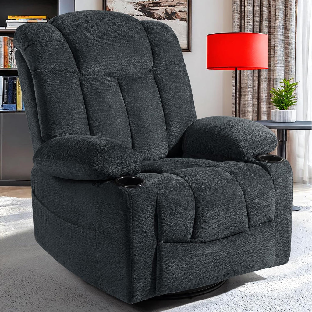 Swivel Rocker Recliner Chair for Adults – Manual Glider Sofa with Massage, Heat & Vibration, 360° Rocking for Living Room (Blue, 30'x30'x40')