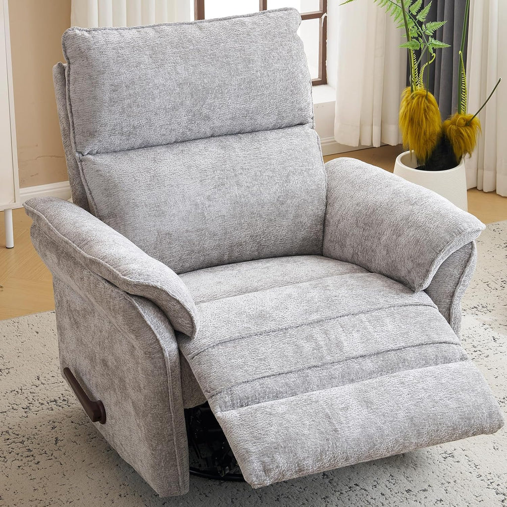 Swivel Rocker Recliner with Adjustable Headrest,Upholstered Glider Rocker Recliner with Overstuffed Armrest,Manual Recliner Nursery Chair for Living Room,Light Grey
