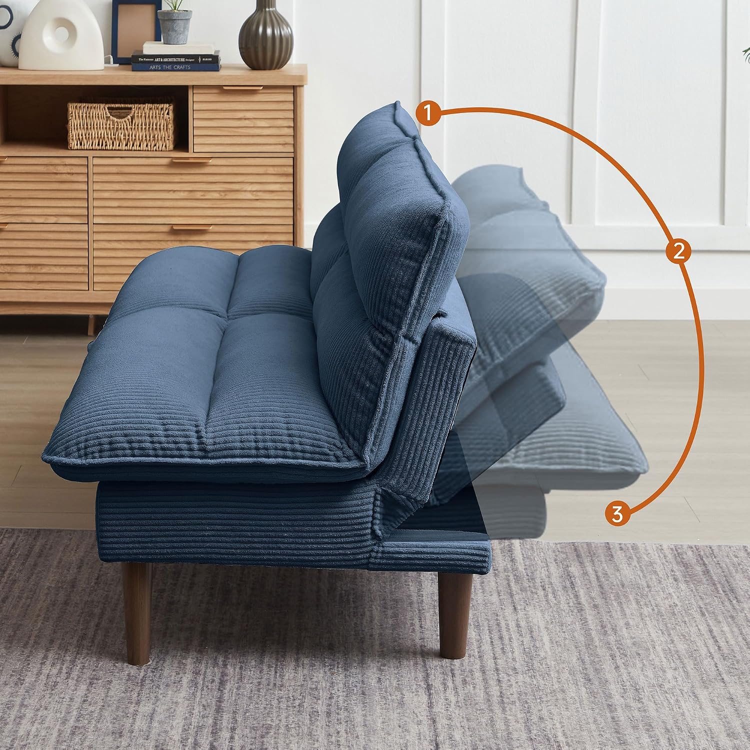 72' Futon Sofa Bed, Futon Couch with Adjustable Backrest, Recliner Small Loveseat for Living Room, Office, Apartment, Corduroy Loveseat, Blue