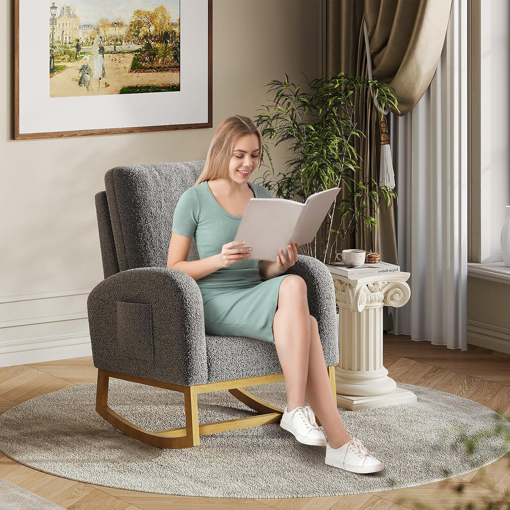 Teddy Upholstered Rocking Chair Nursery, Glider Rocker Chair with High Backrest and Side Pocket, High Back Accent Chair with Wood Legs, Comfy Side Chair for Nursery- Dark Gray