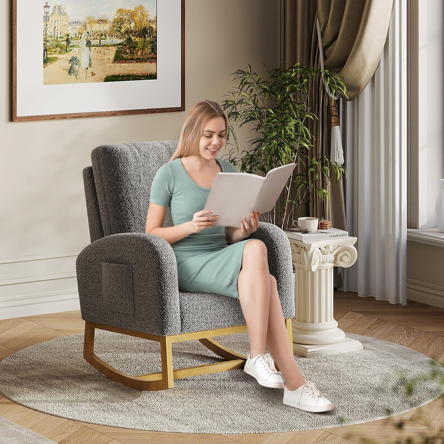 Teddy Upholstered Rocking Chair Nursery, Glider Rocker Chair with High Backrest and Side Pocket, High Back Accent Chair with Wood Legs, Comfy Side Chair for Nursery- Dark Gray