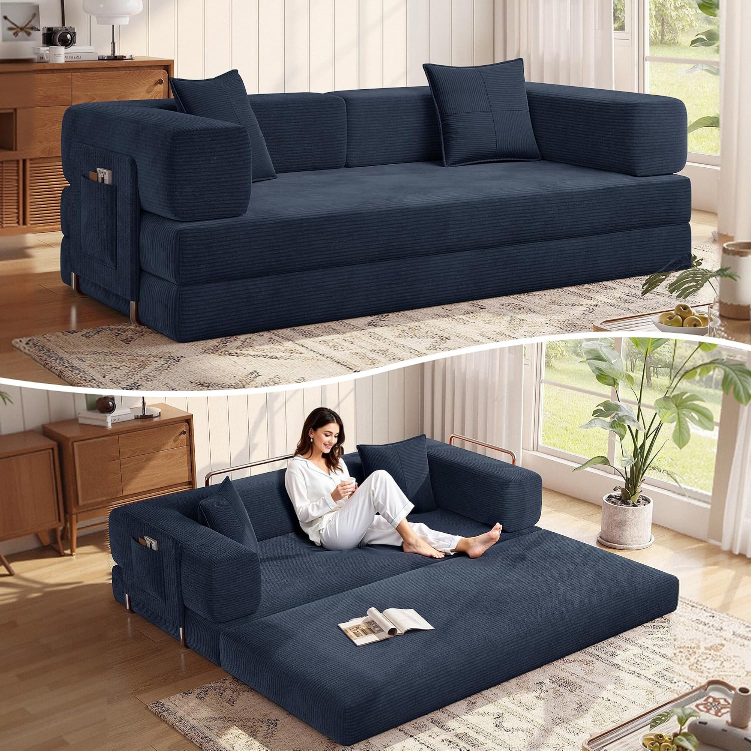MoonSpeak 78.8''Sleeper Couch Bed for Livingroom,Convertible Modular Sofa with Armrest Pillow,Modular Foldable Corduroy Couches in a Box,No Assembly (Blue)