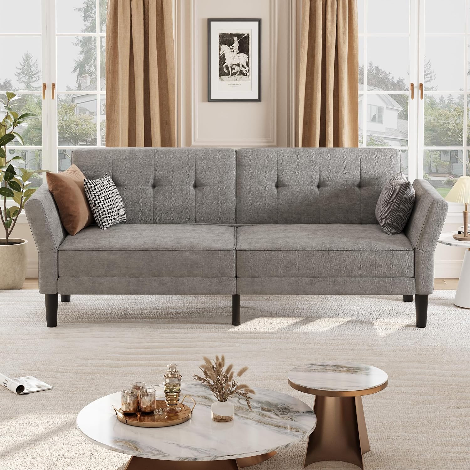 GarveeHome 89' Futon Sofa Bed, Convertible Sleeper Sofa with Adjustable Backrest & Armrest, Modern Futon Couch Bed, Loveseat Sleeper for Living Room Bedroom Apartments, Grey