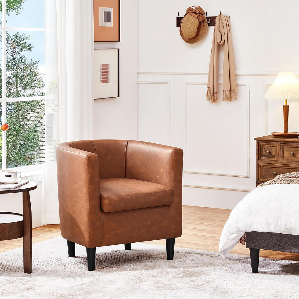 Yaheetech Accent Chair, PU Leather, Modern and Comfortable Armchairs, Upholstered Barrel Sofa Chair for Living Room Bedroom Waiting Room, Brown
