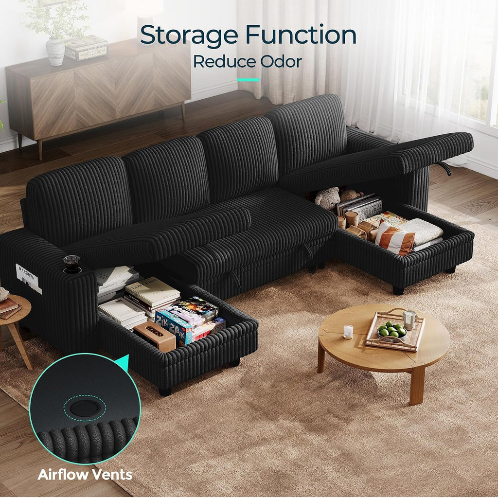 LINSY HOME Sectional Sleeper Sofa Pull Out Couches for Living Room (Black, Sleeper Sofa 3) | Pull Out Sofa Bed, Storage, USB Charging, Cup Holders, Plush Corduroy | Pull Out Sofa Bed, Storage, USB Charging, Cup Holders, Plush Corduroy