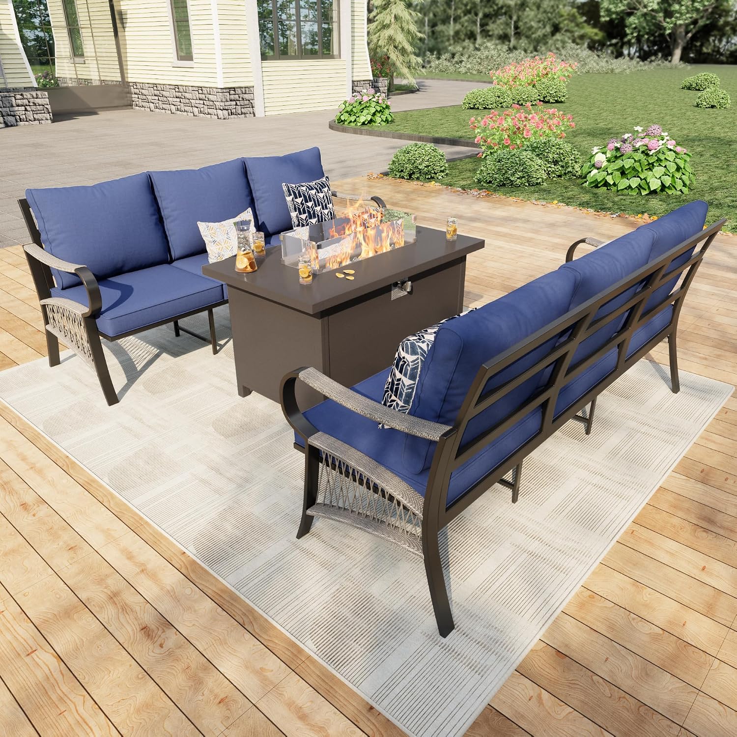 3 Pieces Modern Patio Furniture Set, All Weather Metal Outdoor Conversation Sets with Fire Pit Table for Backyard Garden Deck Porch Poolside, Blue
