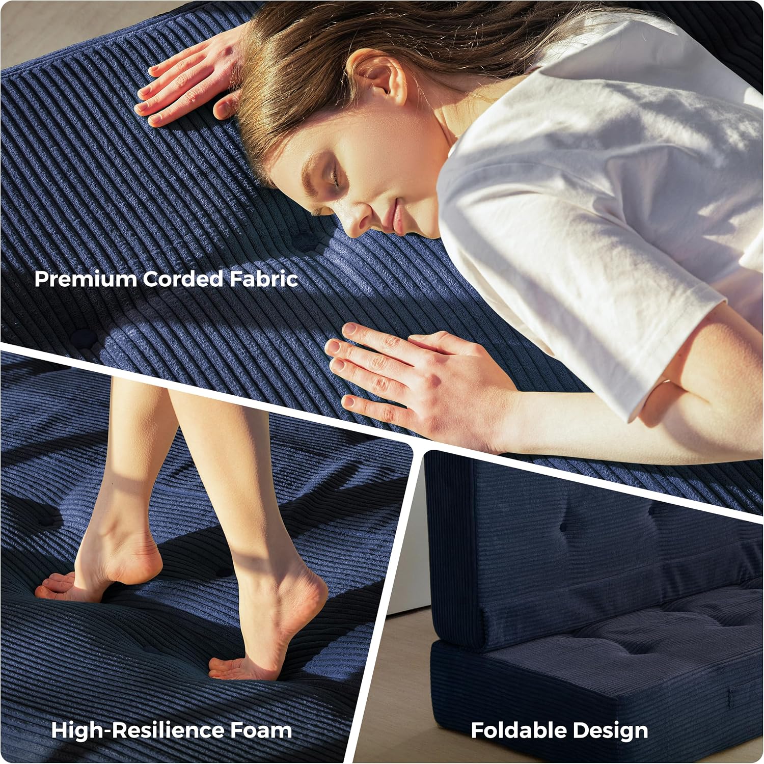 MAXYOYO 8' Foldable Floor Sofa Bed, Tufted Foldable Couch Bed Thick Folding Mattress with Handles, Versatile Folding Sofa Couch for Floor Sleeping, Living Room & Guest Room, Navy