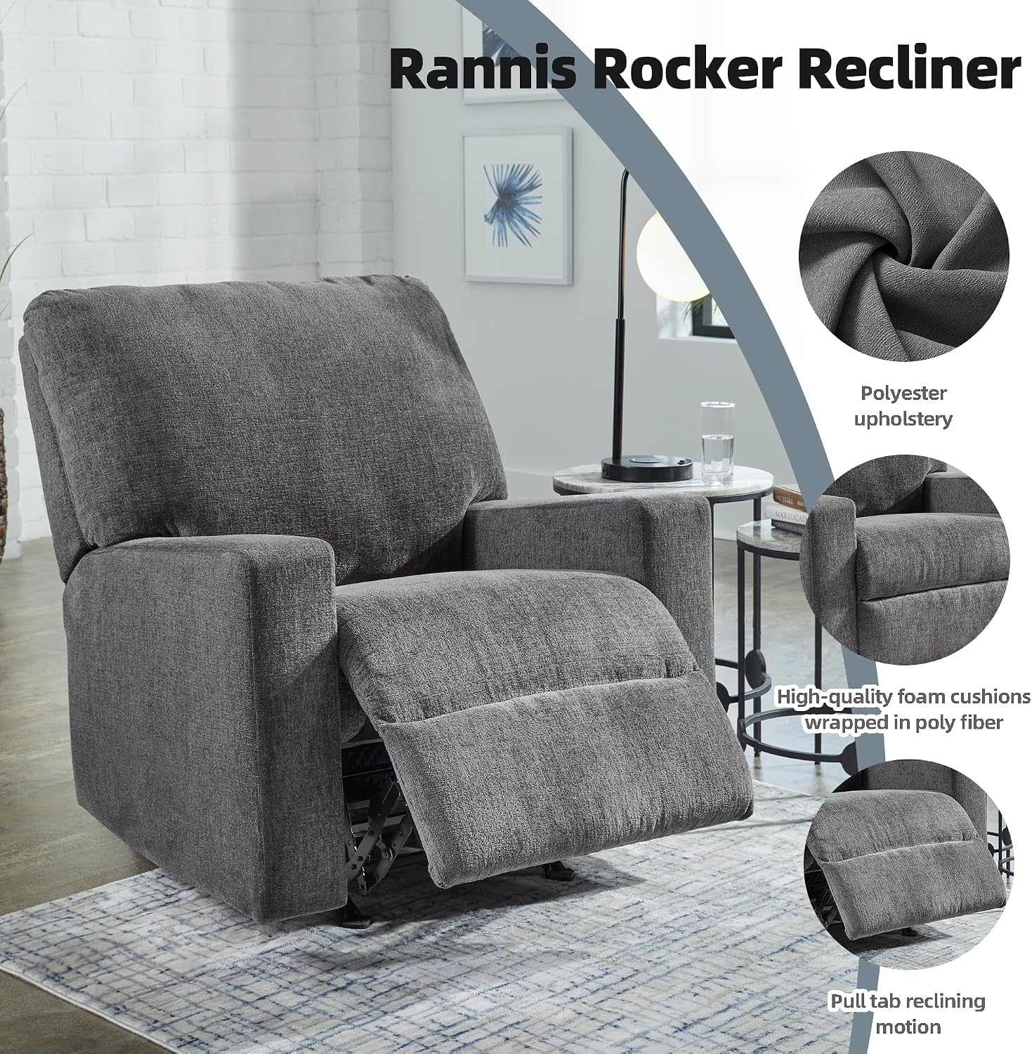 Signature Design by Ashley Rannis Casual Manual Rocker Recliner, Gray