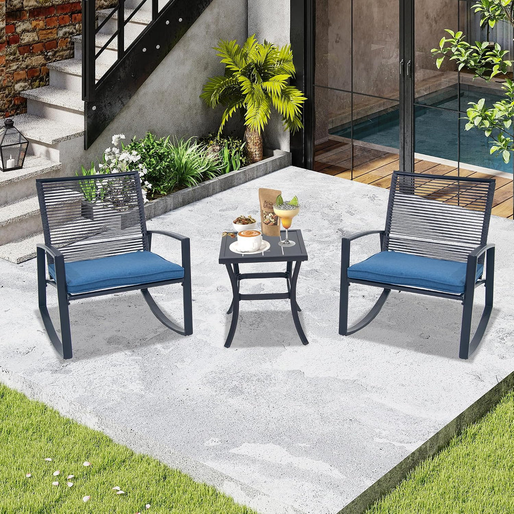 Domi Outdoor 3-Piece Wicker Rocking Chair Set, Patio Conversation Set with Removable Textilene Cushions & Metal Coffee Table, All-Weather Outside Chair Set of 3 for Balcony, Backyard, Pool, Blue