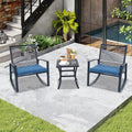 Domi Outdoor 3-Piece Wicker Rocking Chair Set, Patio Conversation Set with Removable Textilene Cushions & Metal Coffee Table, All-Weather Outside Chair Set of 3 for Balcony, Backyard, Pool, Blue